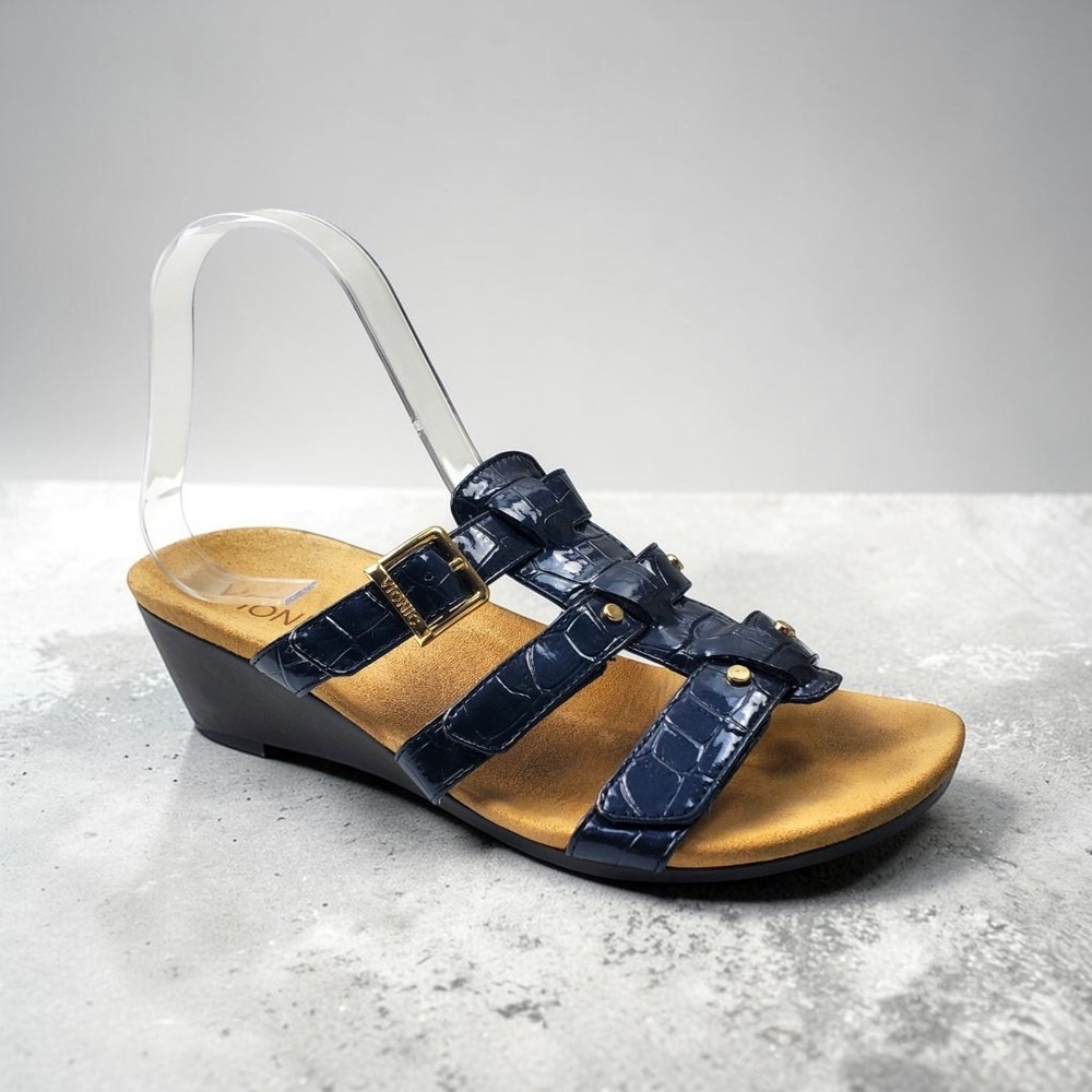 Vionic‎ Radia Navy Blue Croc Embossed Wedge Sandals Womens 8 Buckle Support